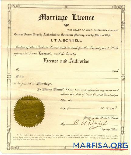 Realistic USA Ohio Guernsey county marriage certificate example